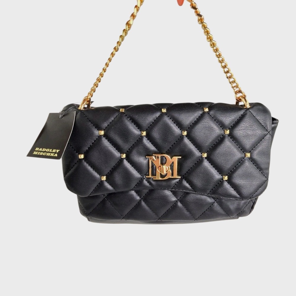 Badgley Mischka‎ Black Crossbody  Bag Purse Diamond Quilted Gold Stud NWT New